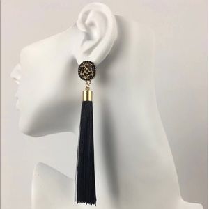 “Rose Flower” Tassel Earrings In Black.